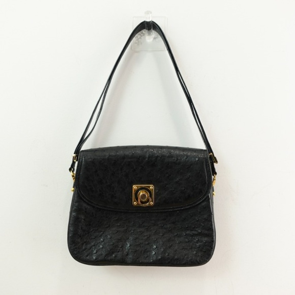 Vintage Ostrich Adjustable Shoulder Purse S Black‎ Exotic Leather Gold Hardware